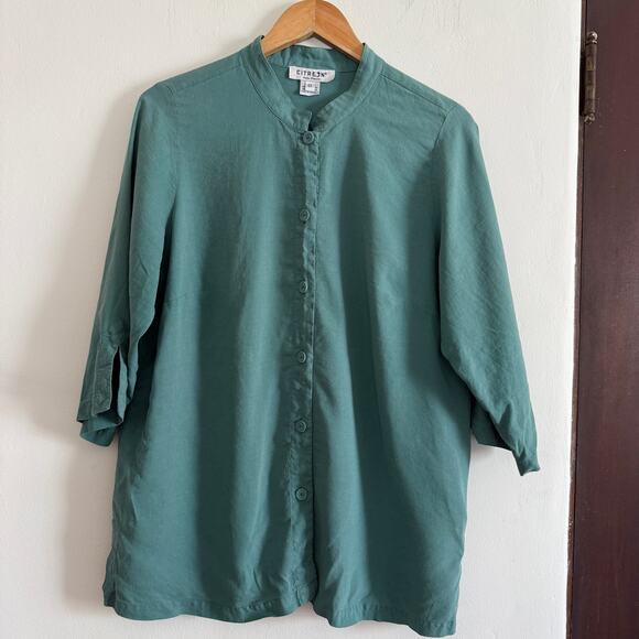 Citron Santa Monica Collection Tops - CITRON Santa Monica | Green Silk Linen Blend Button Down Tunic 0X / 18W - 20W